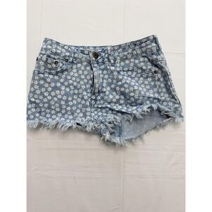 Bullhead Denim Co. Shorts Juniors 5 Blue High Rise Floral Denim Cutoff Raw Hem